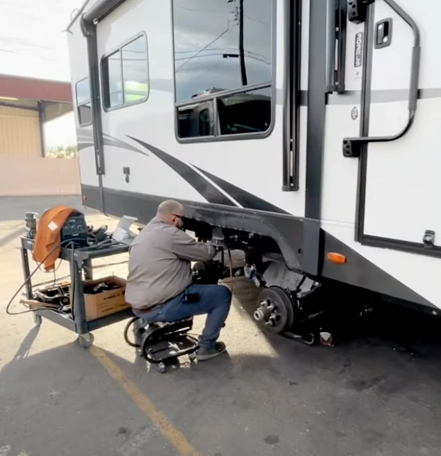 RV suspension and frame repair in progress at Arizona RV Service